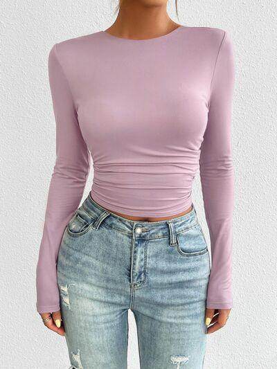 Devine Backless Round Neck Long Sleeve T-Shirt for Women - Selvanelle