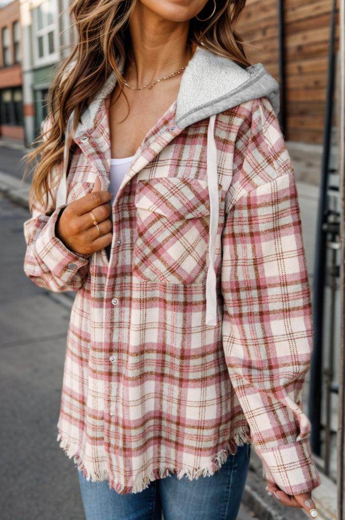 Plaid Raw Hem Drawstring Hooded Jacket for Women - Selvanelle