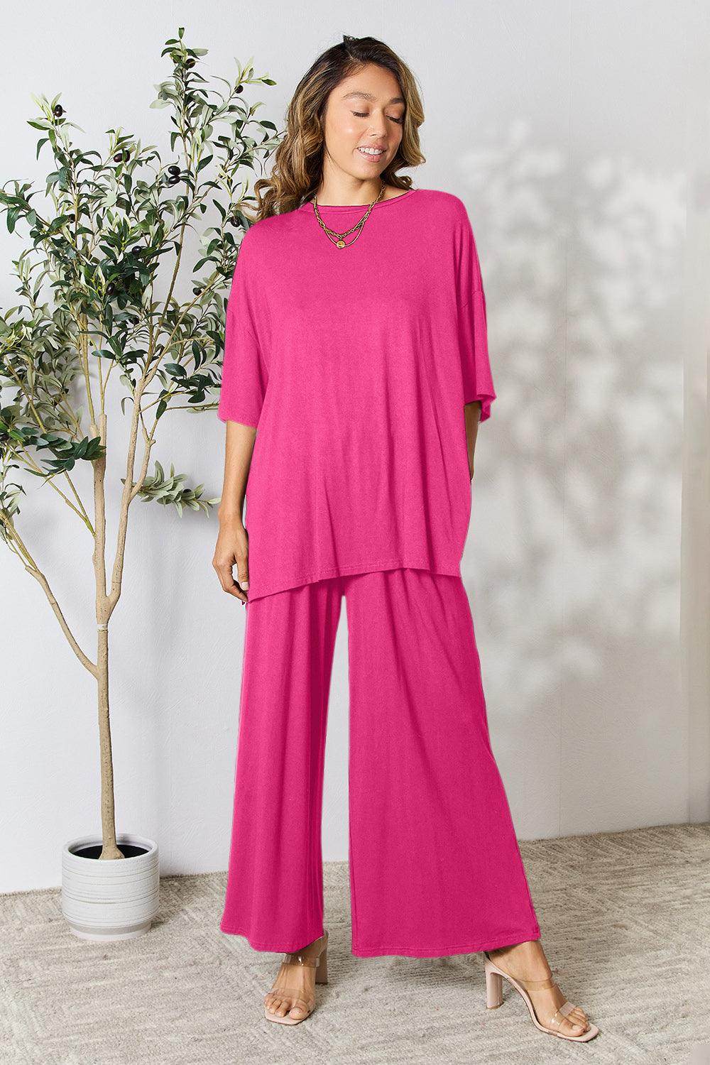 Double Take Full Size Round Neck Slit Top and Pants Set - Selvanelle