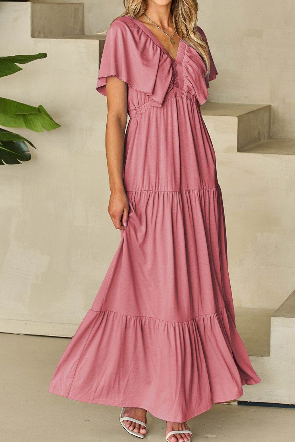 Ruffled V Neck Flutter Sleeve Maxi Dress - Selvanelle