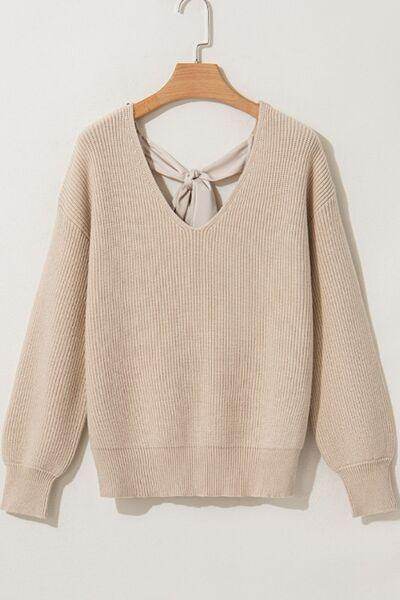 Tied Back V-Neck Long Sleeve Sweater for Women Fashion - Selvanelle