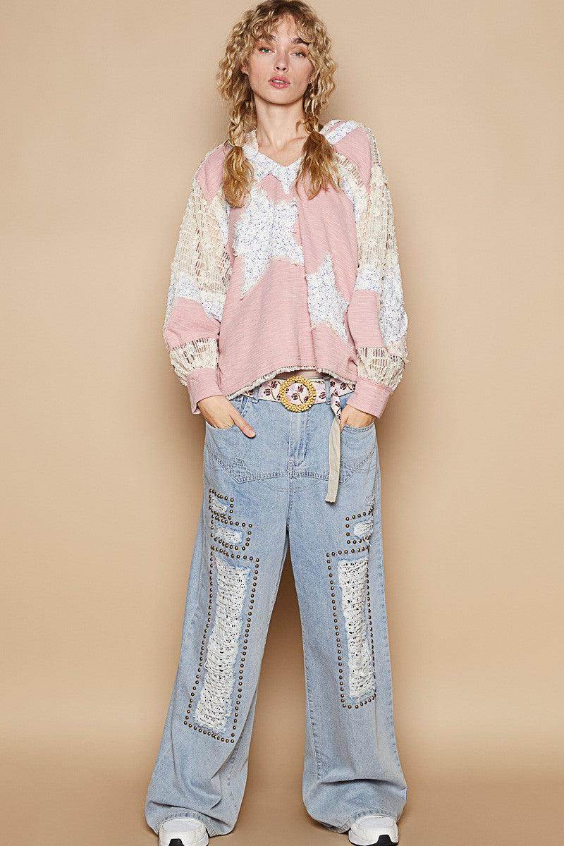 POL Star Patch Lace Long Sleeve Hooded Top for Women - Selvanelle