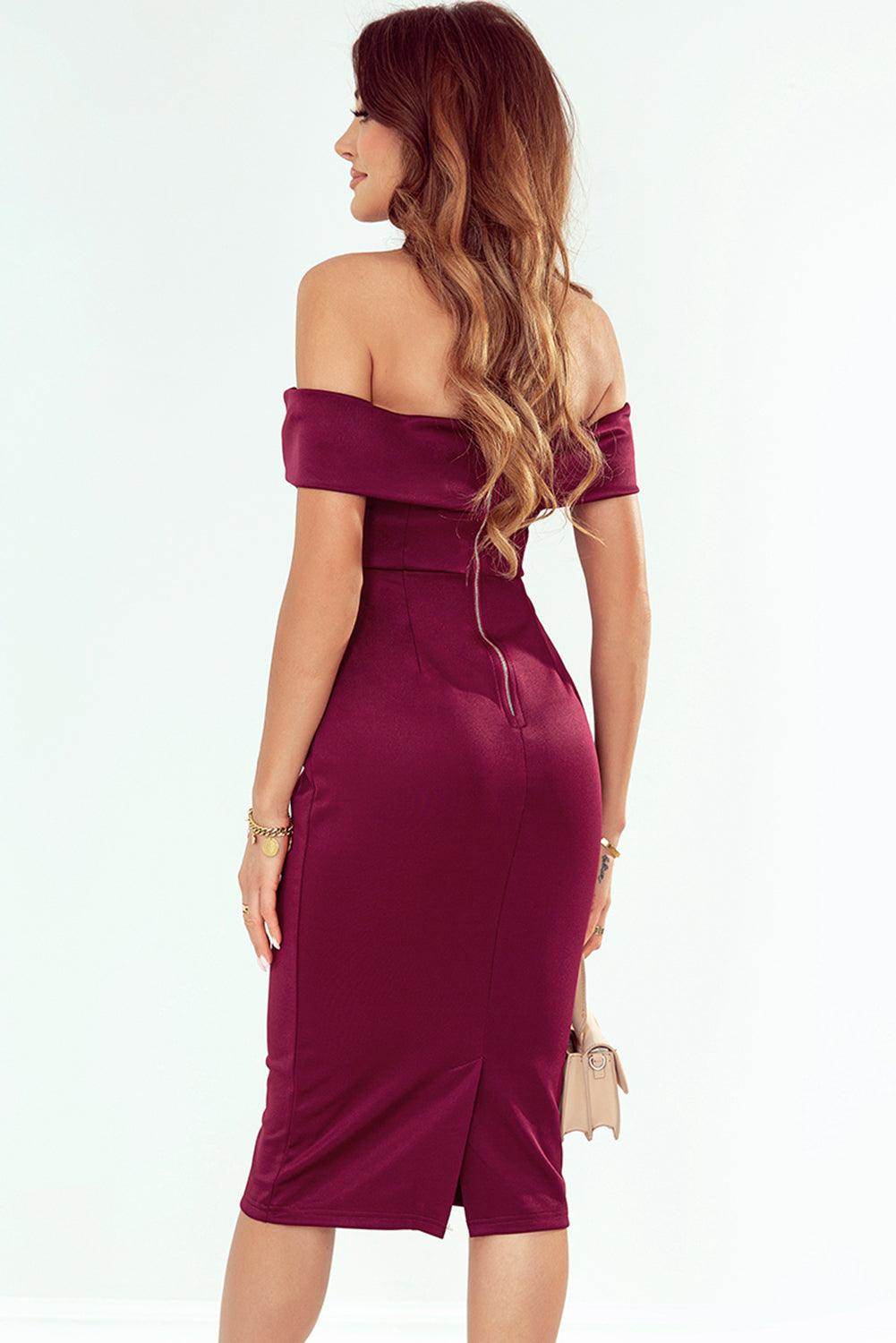 Off-Shoulder Zip-Back Slit Dress for Elegant Evenings - Selvanelle