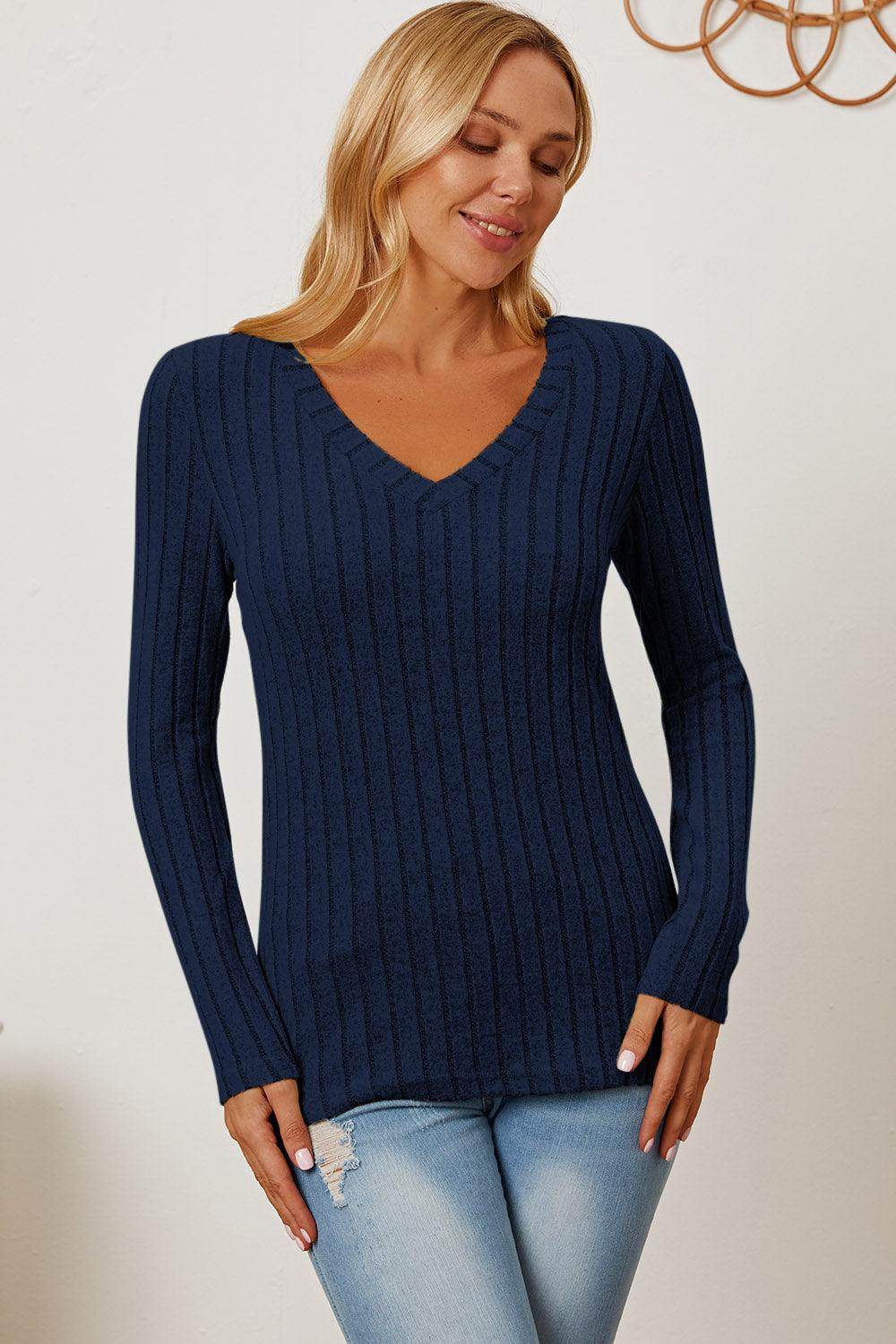 Basic Bae Full Size Ribbed V-Neck Long Sleeve T-Shirt - Selvanelle