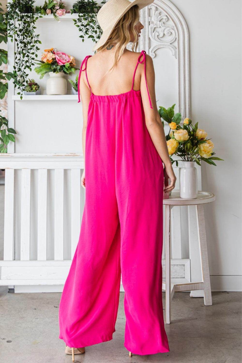 Veveret Pocketed Spaghetti Strap Wide Leg Jumpsuit for Women - Selvanelle