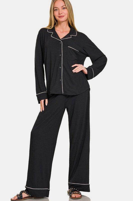 Zenana Button Down Long Sleeve Top and Pants Lounge Set - Selvanelle