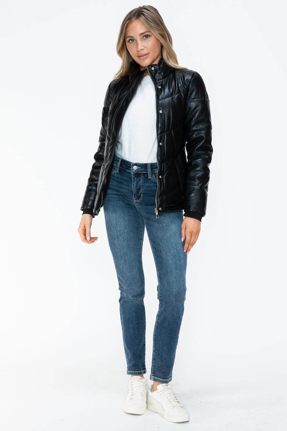 Snobbish Pocketed Zip Up Turtleneck Puffer Jacket for Women - Selvanelle