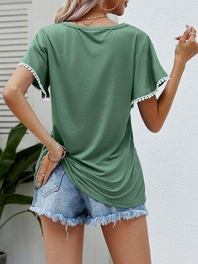 Pom-Pom Trim Flutter Sleeve Round Neck T-Shirt for Women - Selvanelle