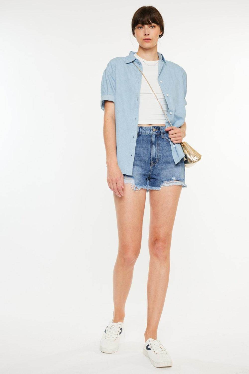Kancan Distressed Raw Hem High Waist Denim Shorts for Women - Selvanelle