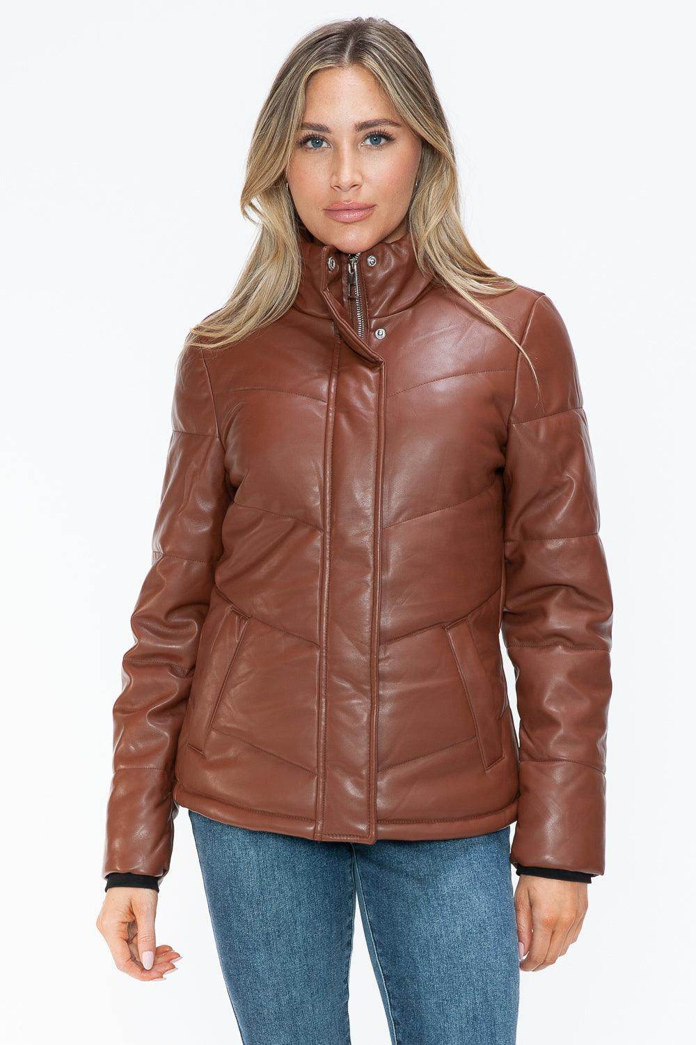 Snobbish Pocketed Zip Up Turtleneck Puffer Jacket for Women - Selvanelle