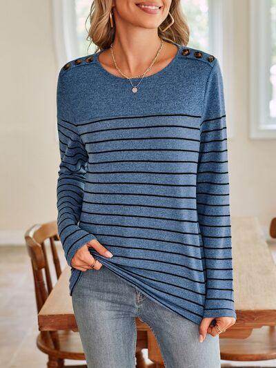 Lovelet Striped Round Neck Long Sleeve T-Shirt for Women - Selvanelle