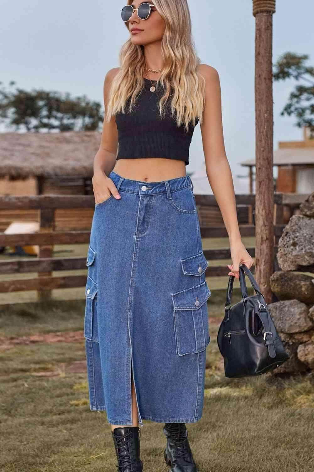 Slit Front Midi Denim Skirt with Pockets for Women - Selvanelle