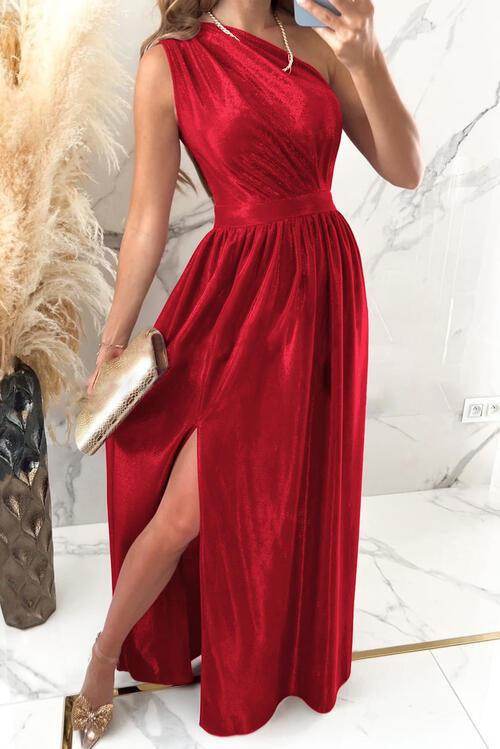 One Shoulder Slit Ruched Maxi Dress for Elegant Style - Selvanelle