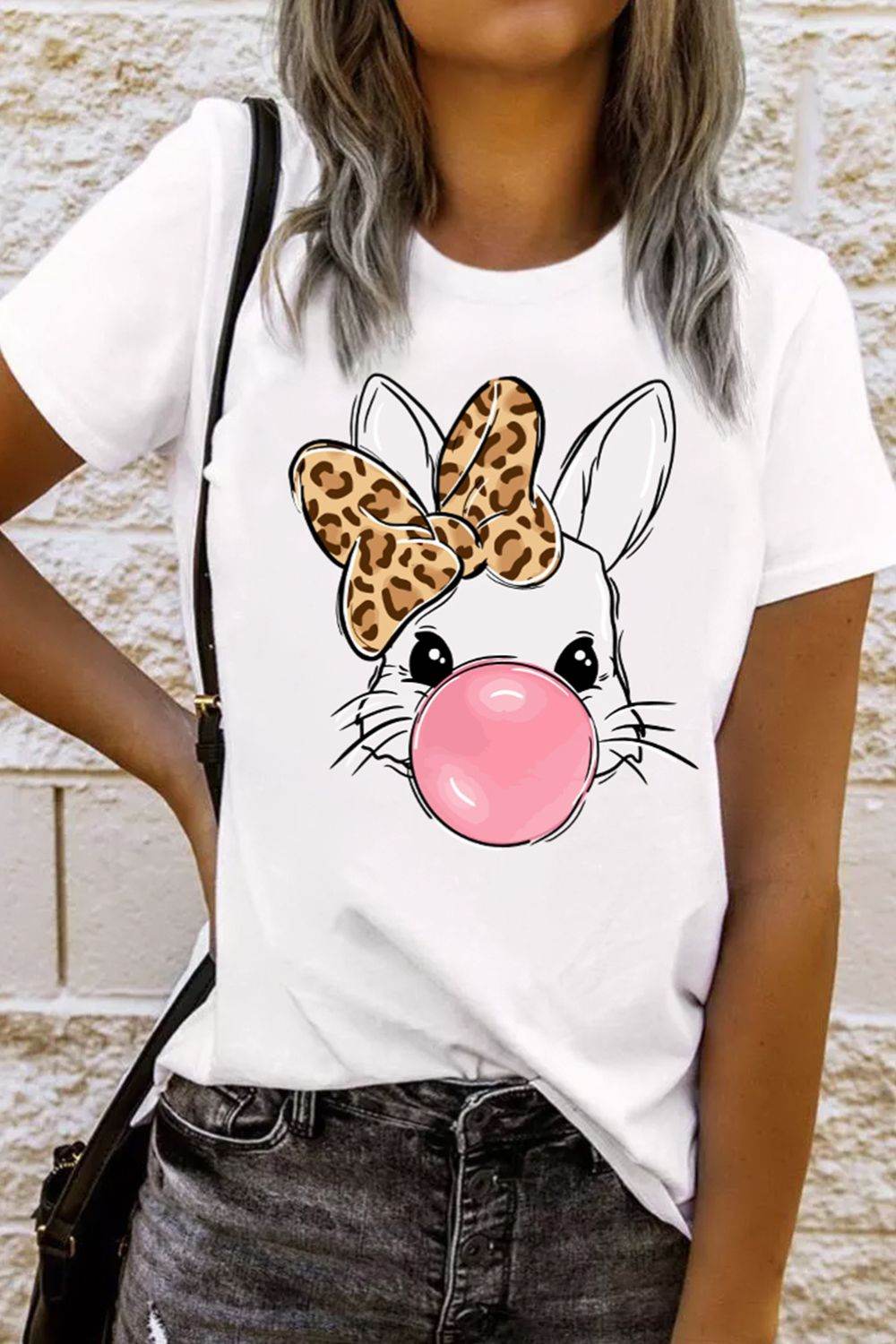 Leopard Bow Rabbit Graphic Round Neck Short Sleeve T-Shirt - Selvanelle