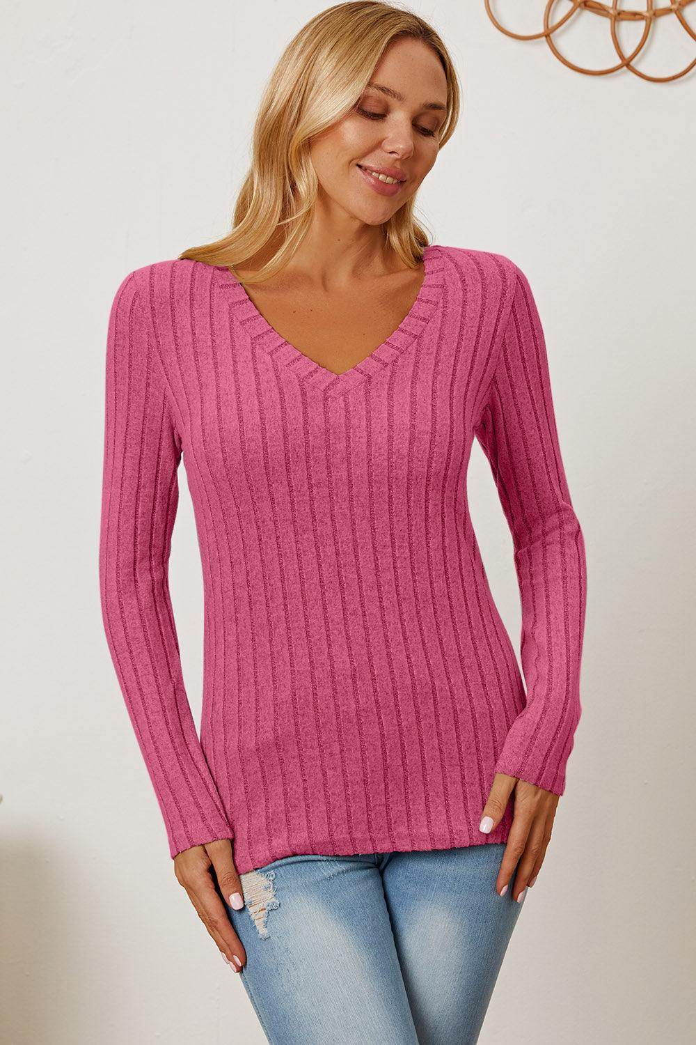 Basic Bae Full Size Ribbed V-Neck Long Sleeve T-Shirt - Selvanelle