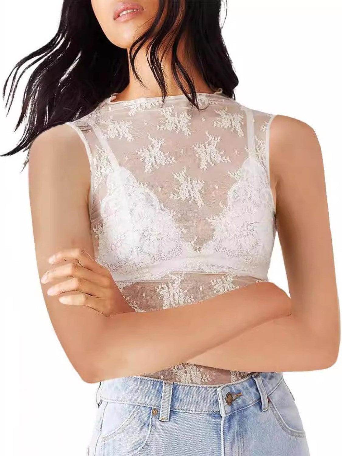Lace Mock Neck Top for Women in Sheer Polyester Style - Selvanelle