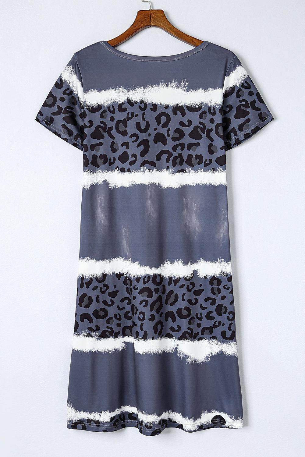 Leopard Color Block V-Neck Short Sleeve Dress for Women - Selvanelle