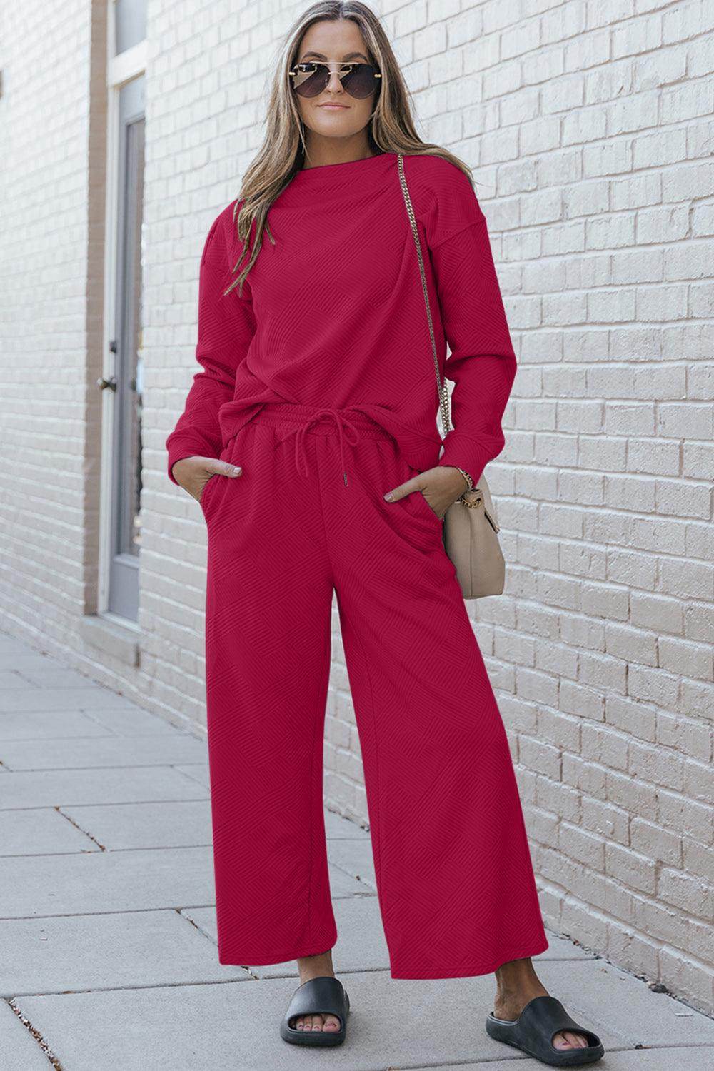 Double Take Full Size Textured Long Sleeve Top and Drawstring Pants Set for Women - Selvanelle