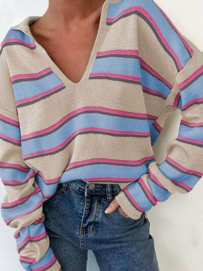 Johnny Collar Long Sleeve Stripe Sweater for Women - Selvanelle