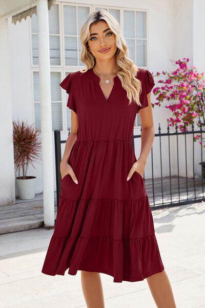 Ruched Notched Cap Sleeve Dress with Pockets and Stretch - Selvanelle