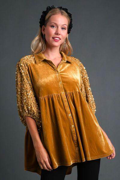 Umgee Sequin Detail Tiered Back Half Sleeve Shirt Style - Selvanelle
