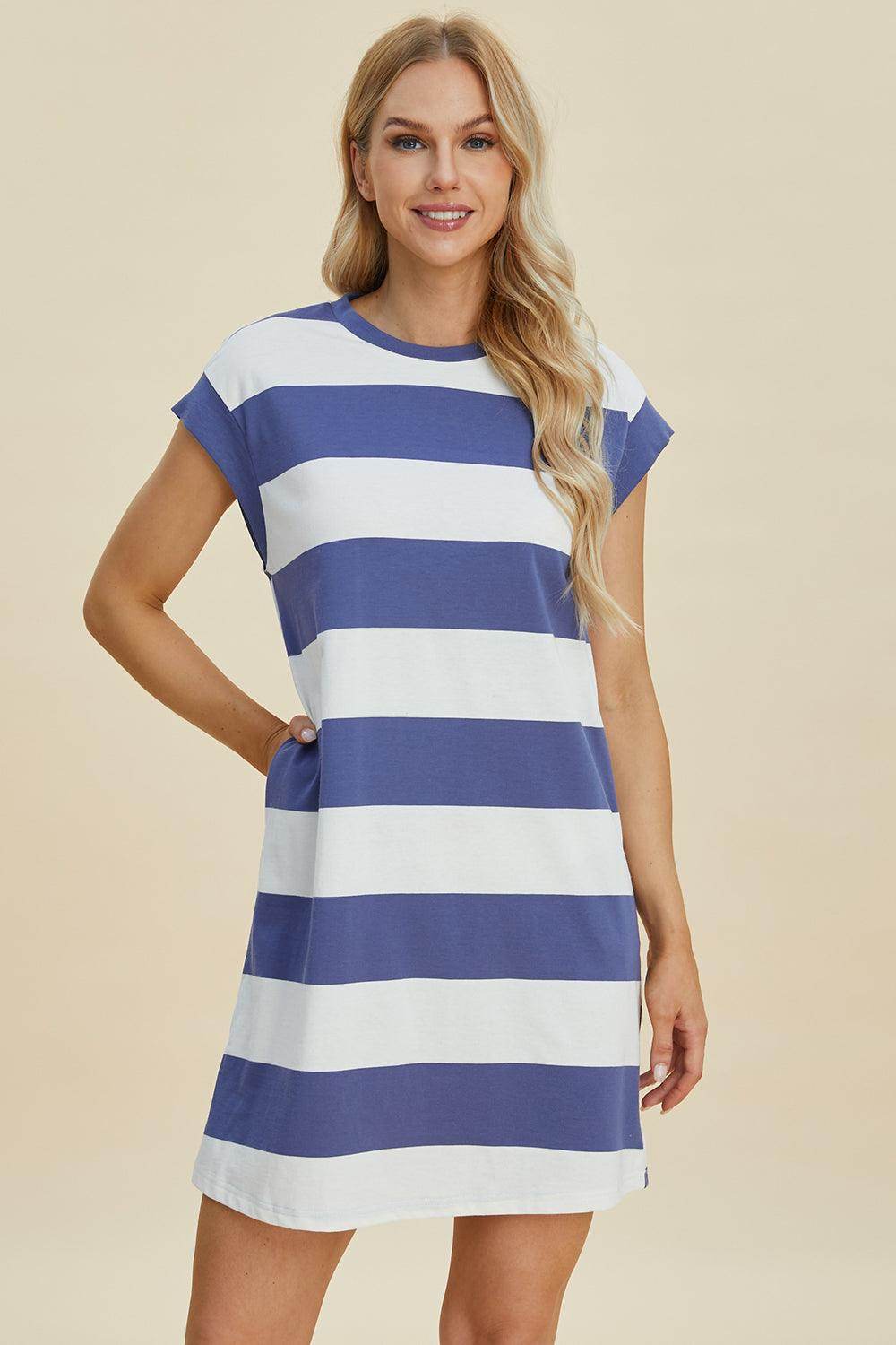 Basic Bae Full Size Striped Round Neck Cap Sleeve Mini Dress - Selvanelle