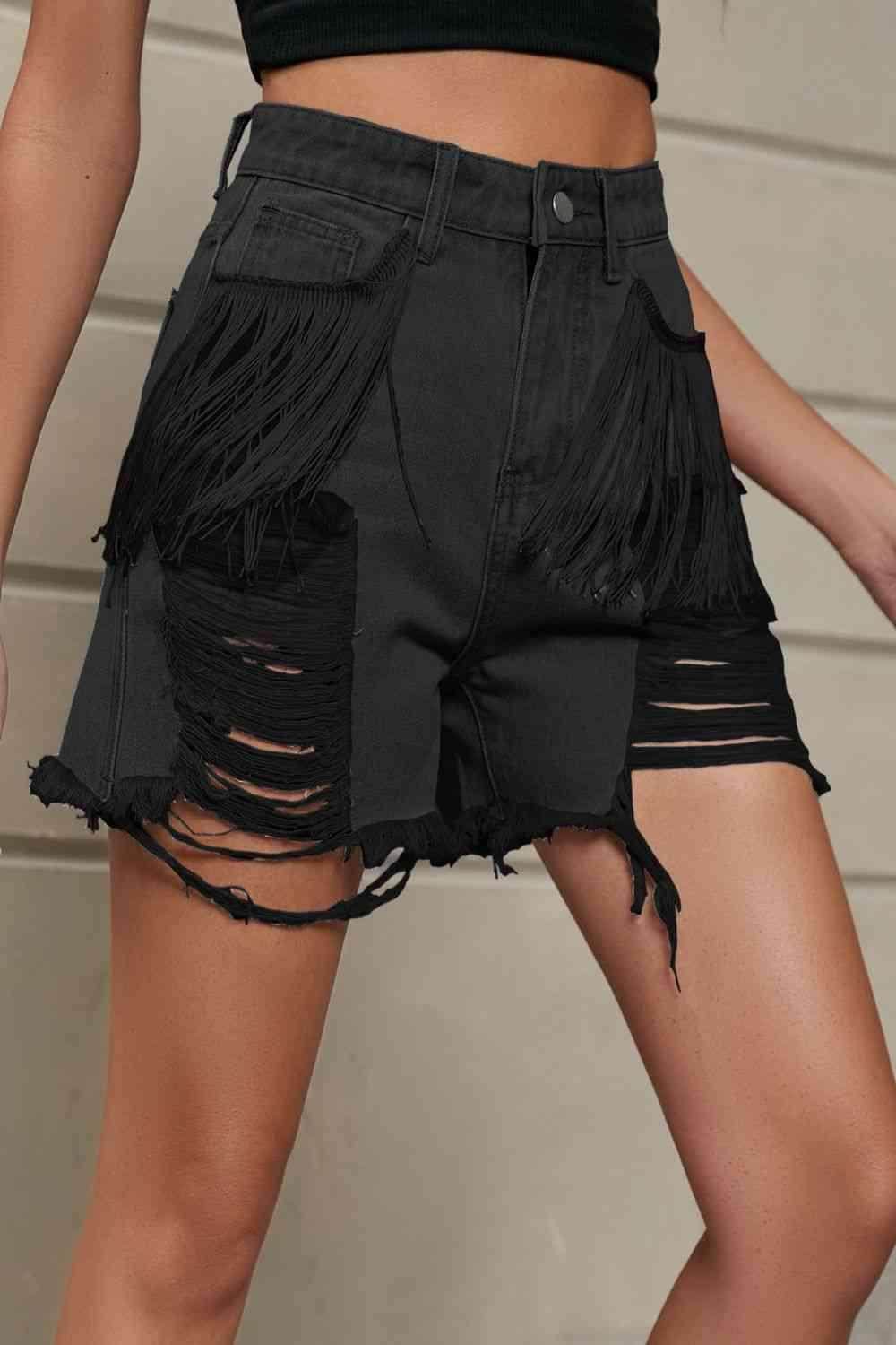 Fringe Trim Distressed Denim Shorts with Pockets for Women - Selvanelle