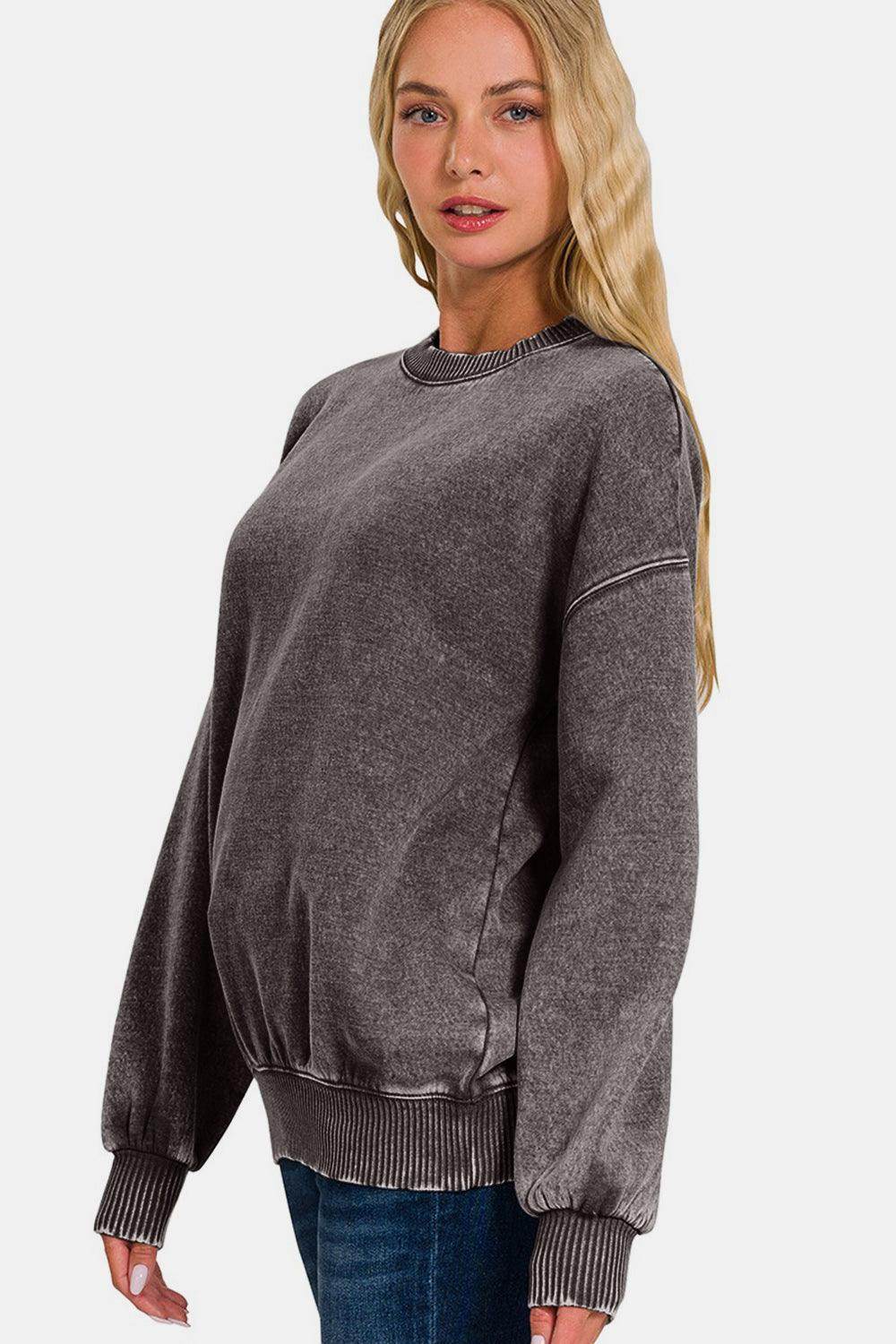 Zenana Full Size Acid Wash Fleece Long Sleeve Sweatshirt - Selvanelle