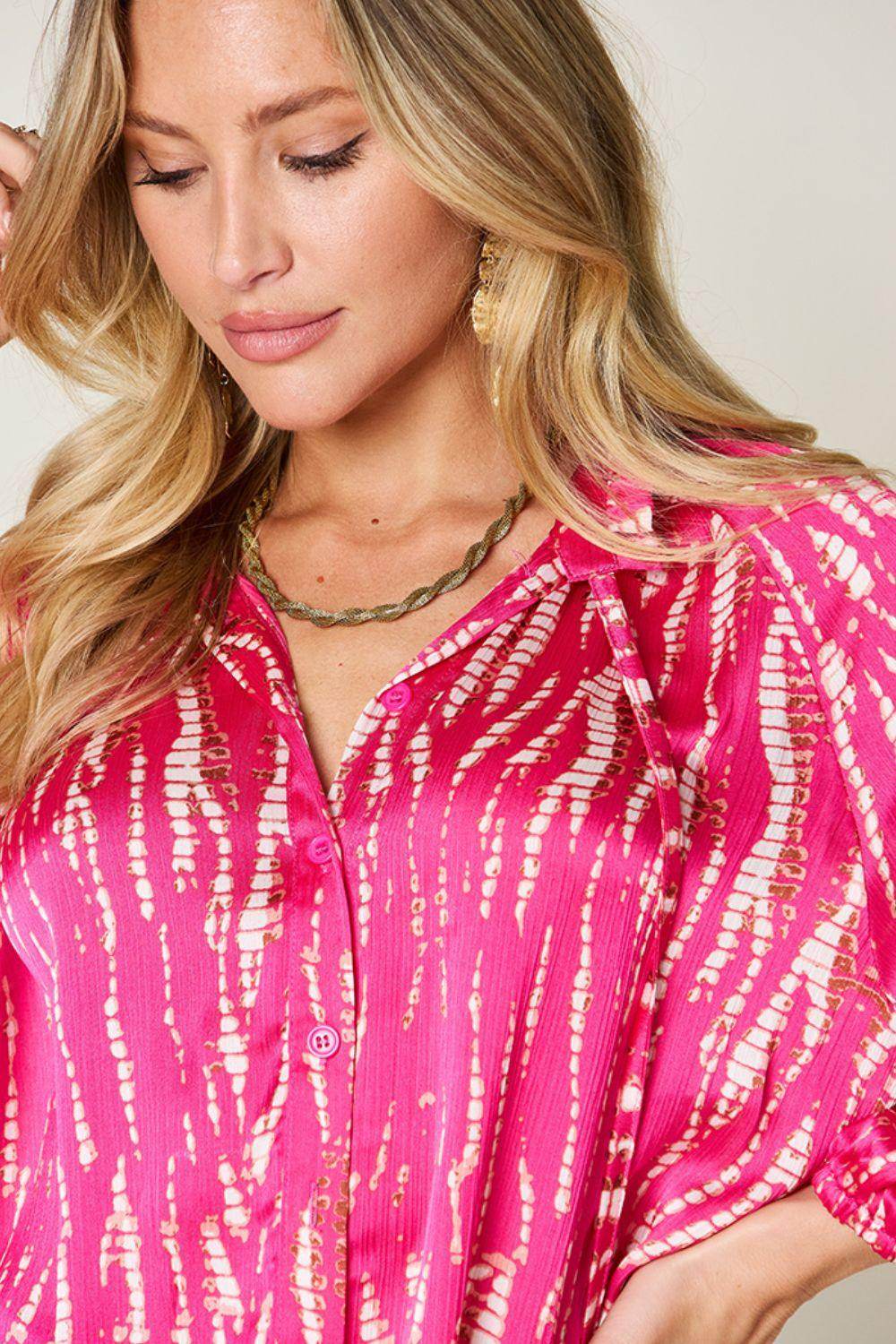 Double Take Full Size Printed Button Up Long Sleeve Shirt - Selvanelle