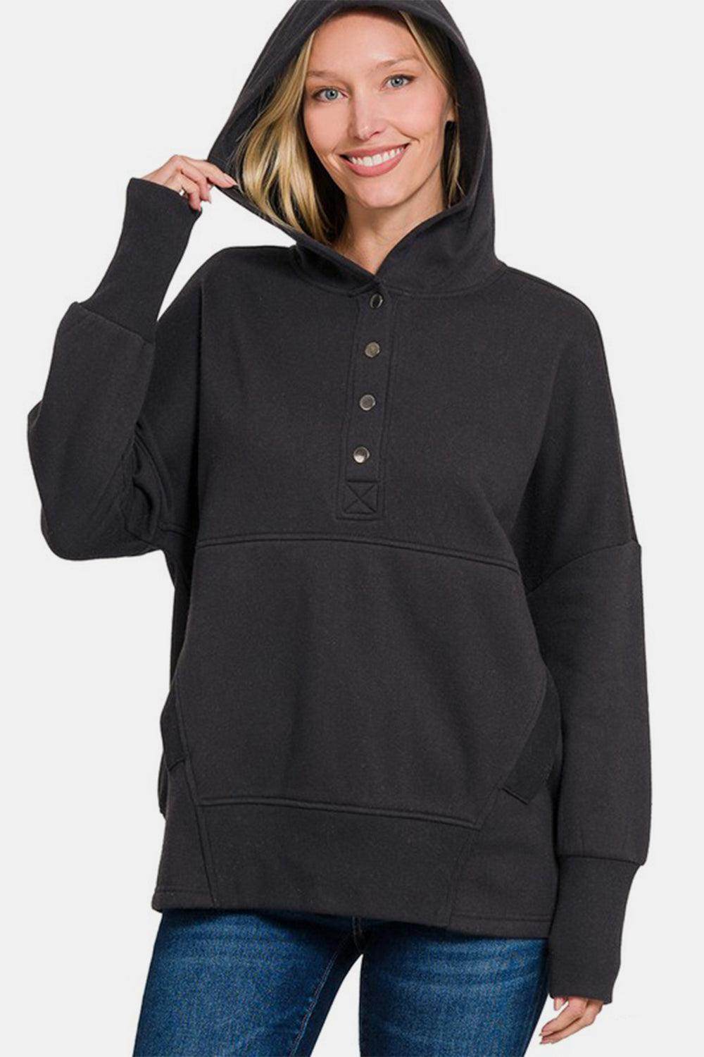 Zenana Half Snap Long Sleeve Hoodie with Kangaroo Pocket - Selvanelle