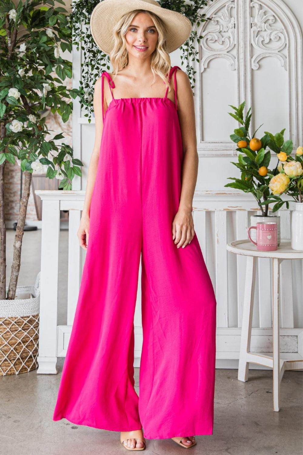 Veveret Pocketed Spaghetti Strap Wide Leg Jumpsuit for Women - Selvanelle