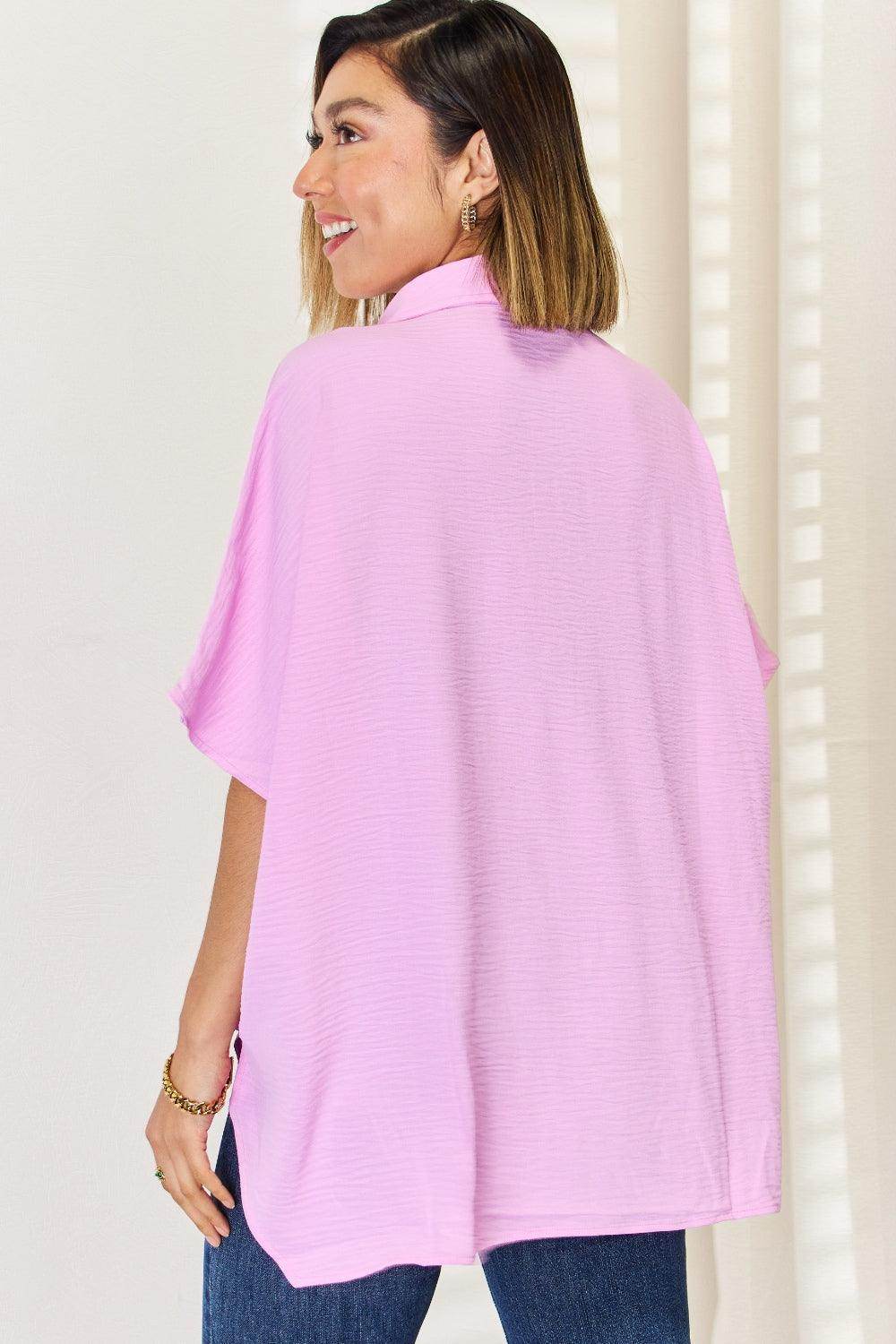 Zenana Texture Button Up Short Sleeve High-Low Shirt Online - Selvanelle