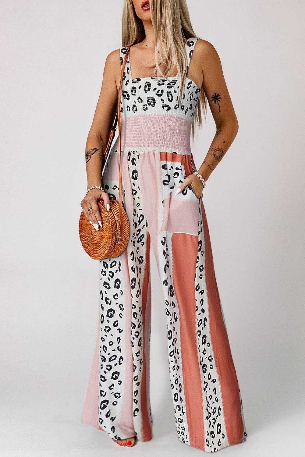 Leopard Color Block Smocked Jumpsuit - Selvanelle