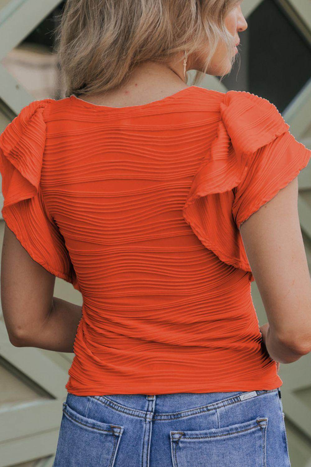 Textured Round Neck Cap Sleeve Top for Casual Style - Selvanelle