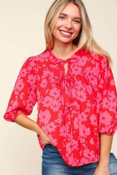 Haptics Full Size Ribbon Bow Floral Balloon Sleeve Blouse - Selvanelle