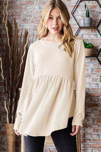 Heimish Full Size Round Neck Long Sleeve Ribbed Babydoll Top - Selvanelle