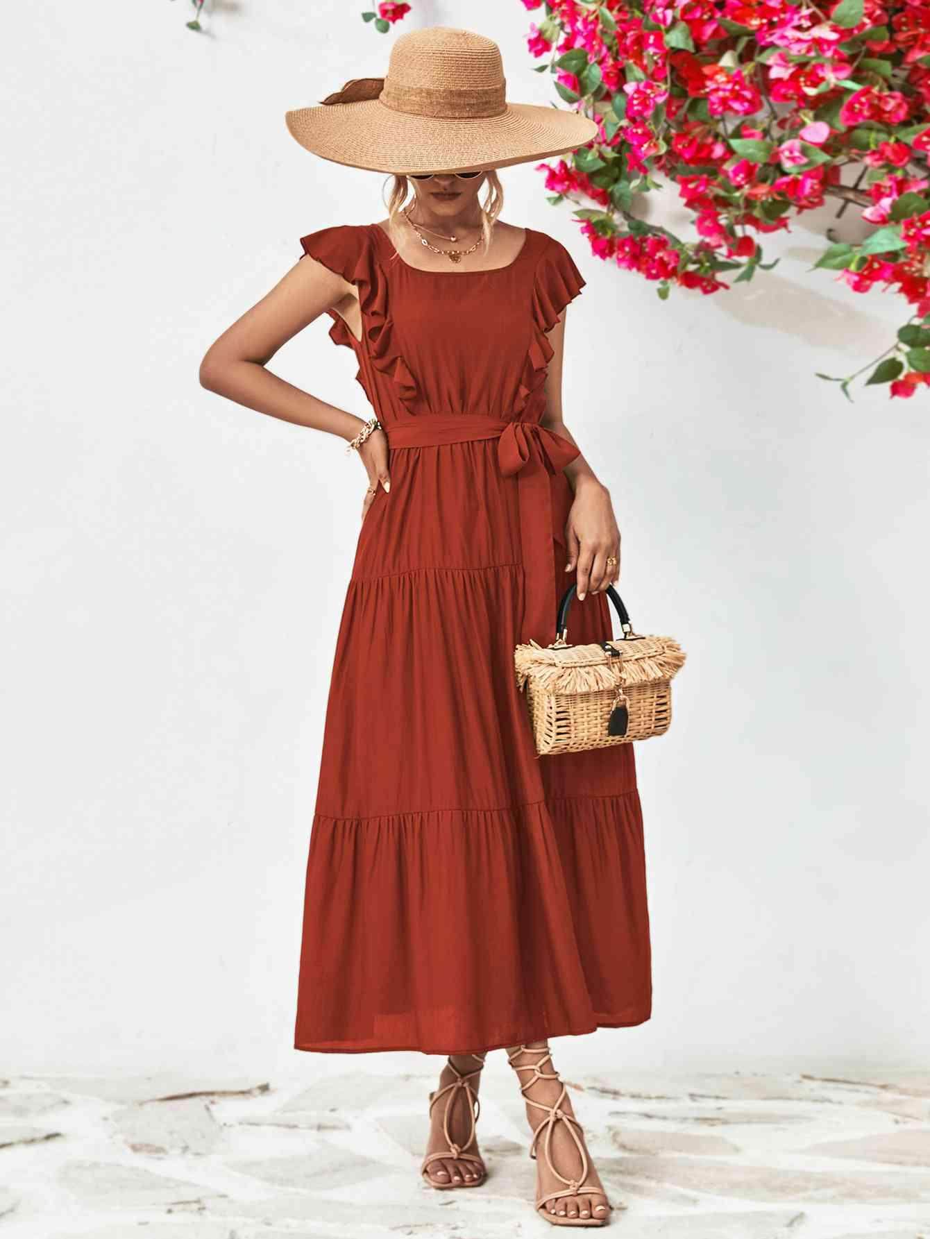 Tie Belt Ruffled Tiered Dress for Chic Midi Style - Selvanelle