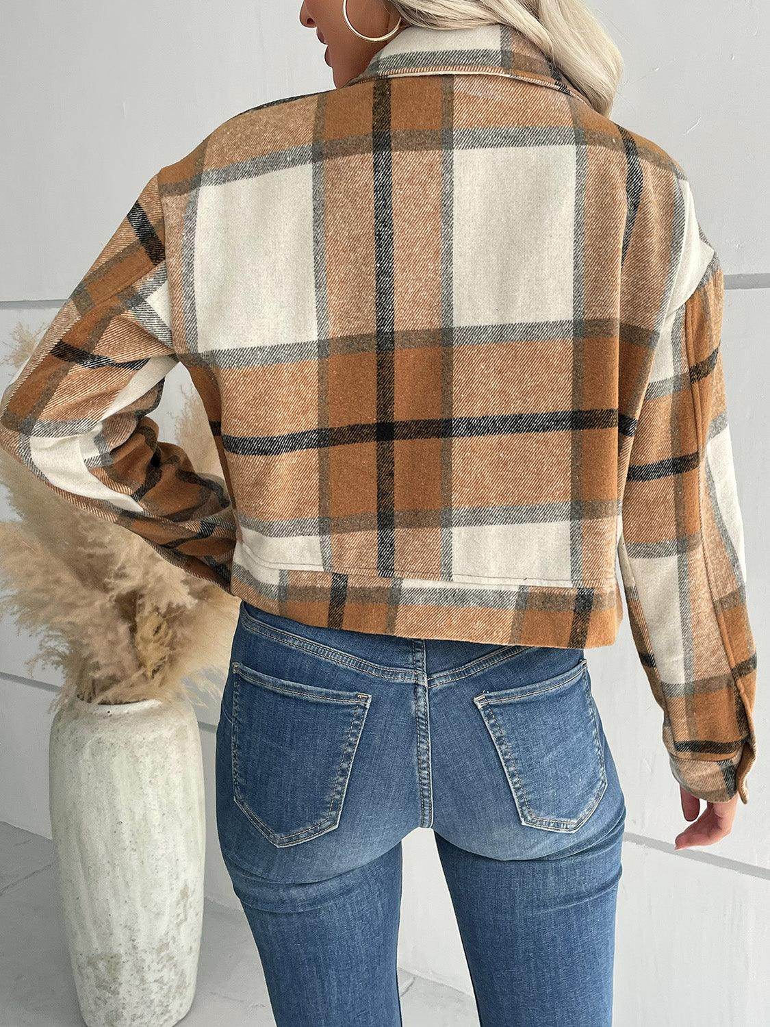Perfee Plaid Button Up Drop Shoulder Cropped Jacket for Women - Selvanelle