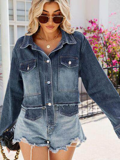 Button Up Long Sleeve Denim Jacket with Pockets for Women - Selvanelle