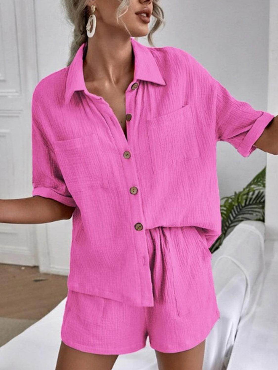 Button Up Short Sleeve Top and Shorts Set for Women - Selvanelle