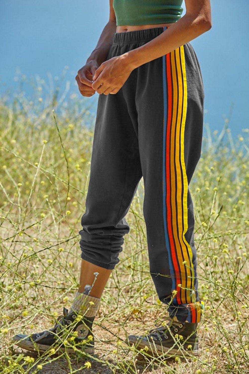 Contrast Striped Elastic Waist Active Pants for Women - Selvanelle