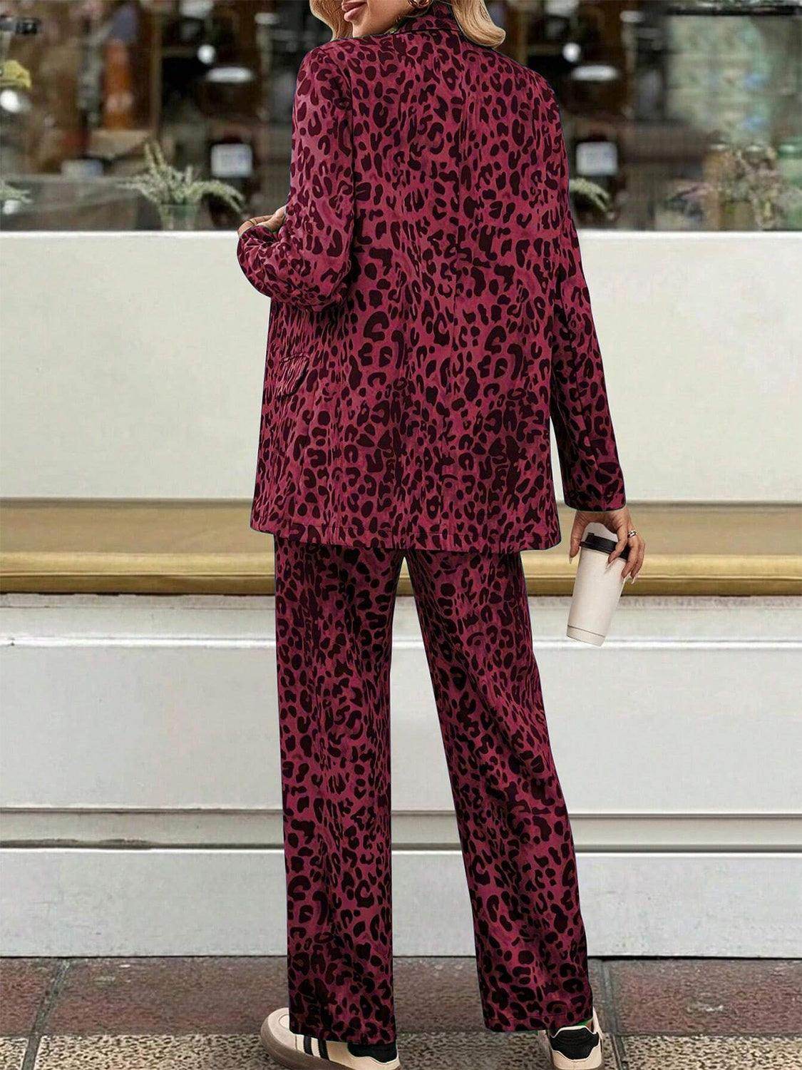 Full Size Leopard Lapel Collar Blazer and Pants Set - Selvanelle