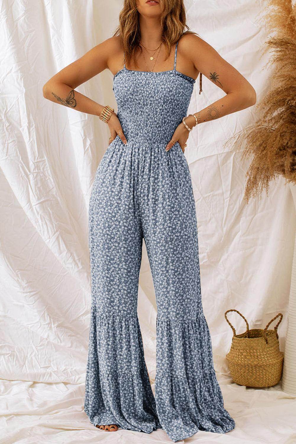 Smocked Printed Wide Strap Jumpsuit for Women Fashion - Selvanelle