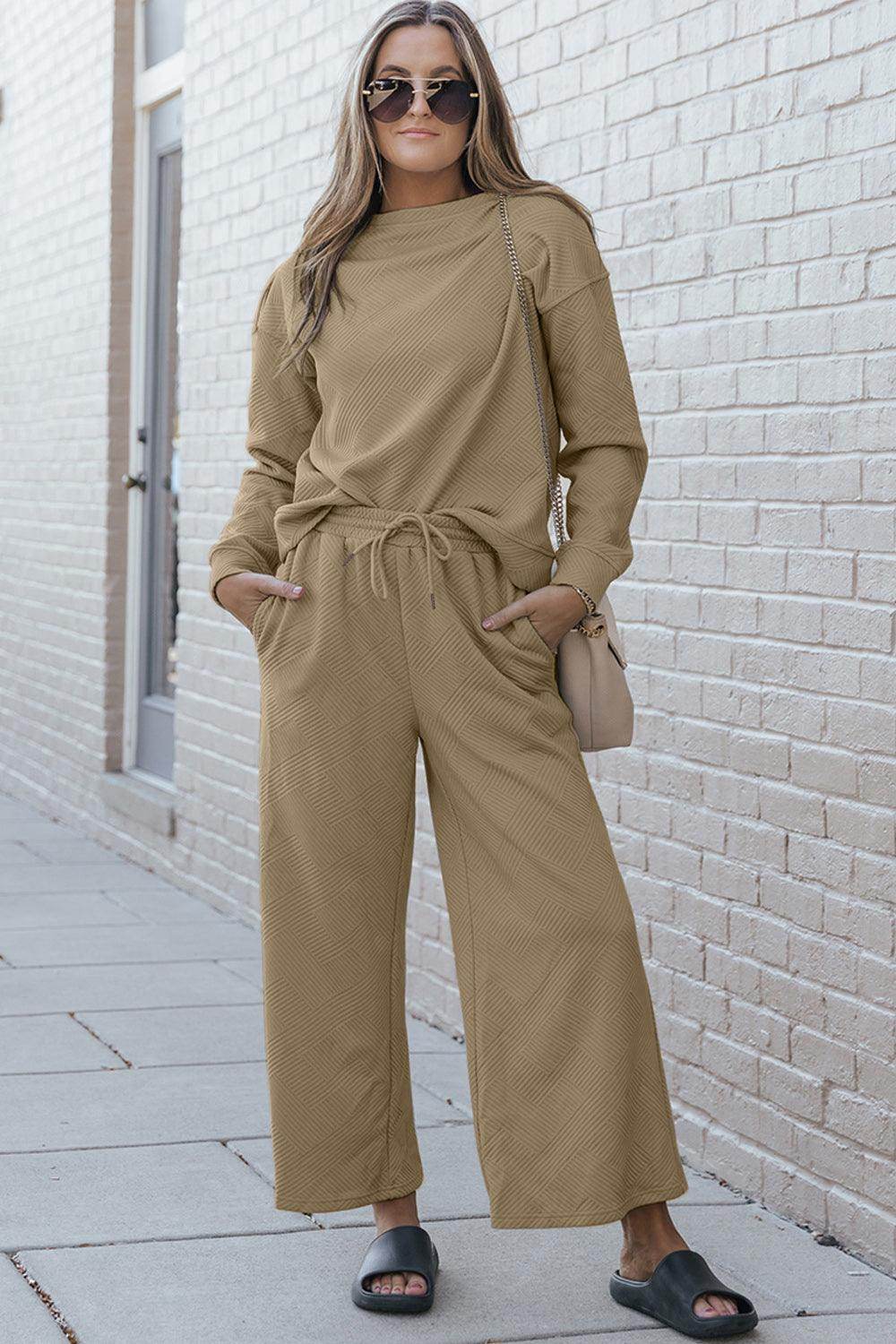 Double Take Full Size Textured Long Sleeve Top and Drawstring Pants Set for Women - Selvanelle