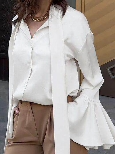 Button Down Flounce Sleeve Shirt for Stylish Women - Selvanelle