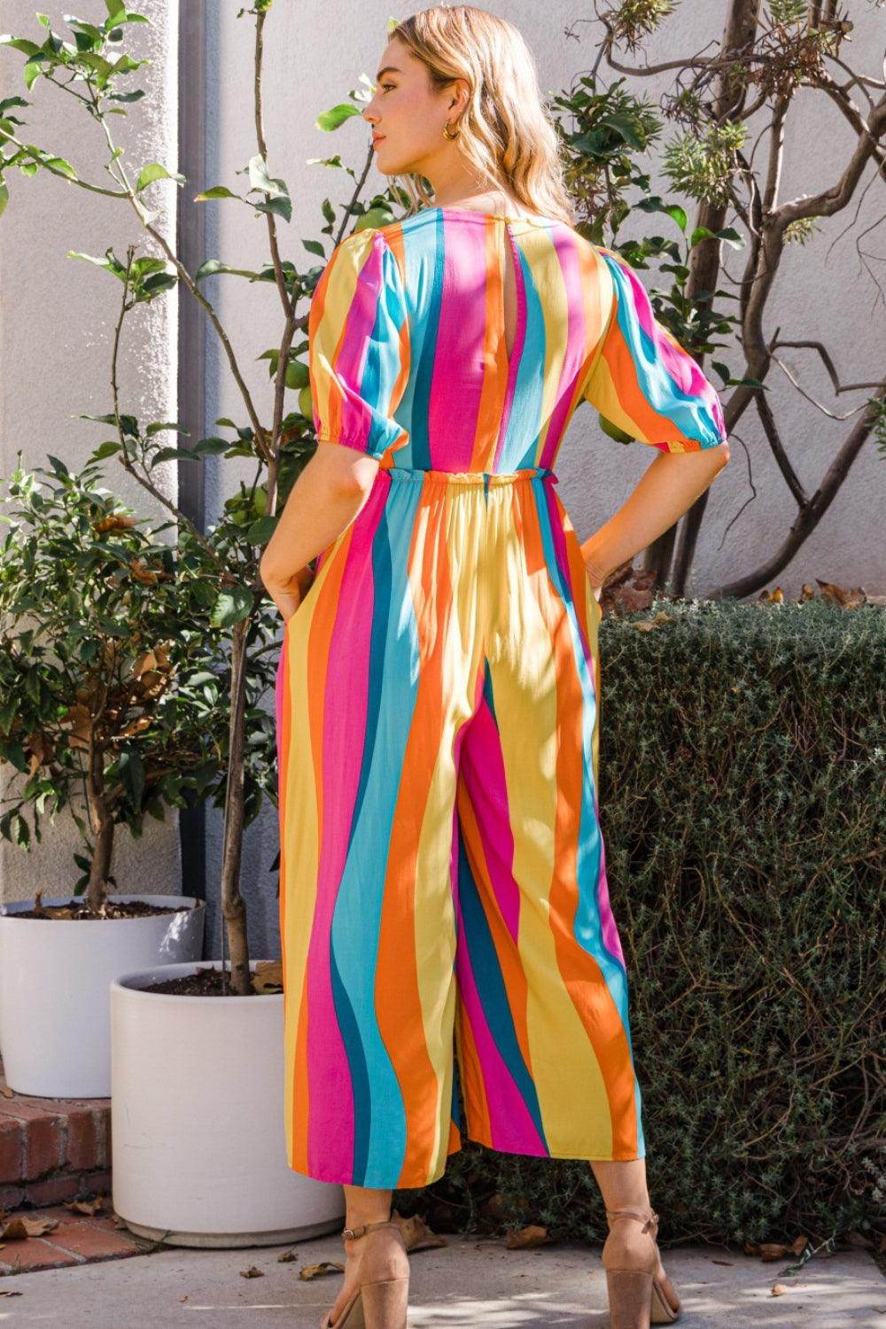 ODDI Full Size Striped Puff Sleeve Wide Leg Jumpsuit Chic - Selvanelle
