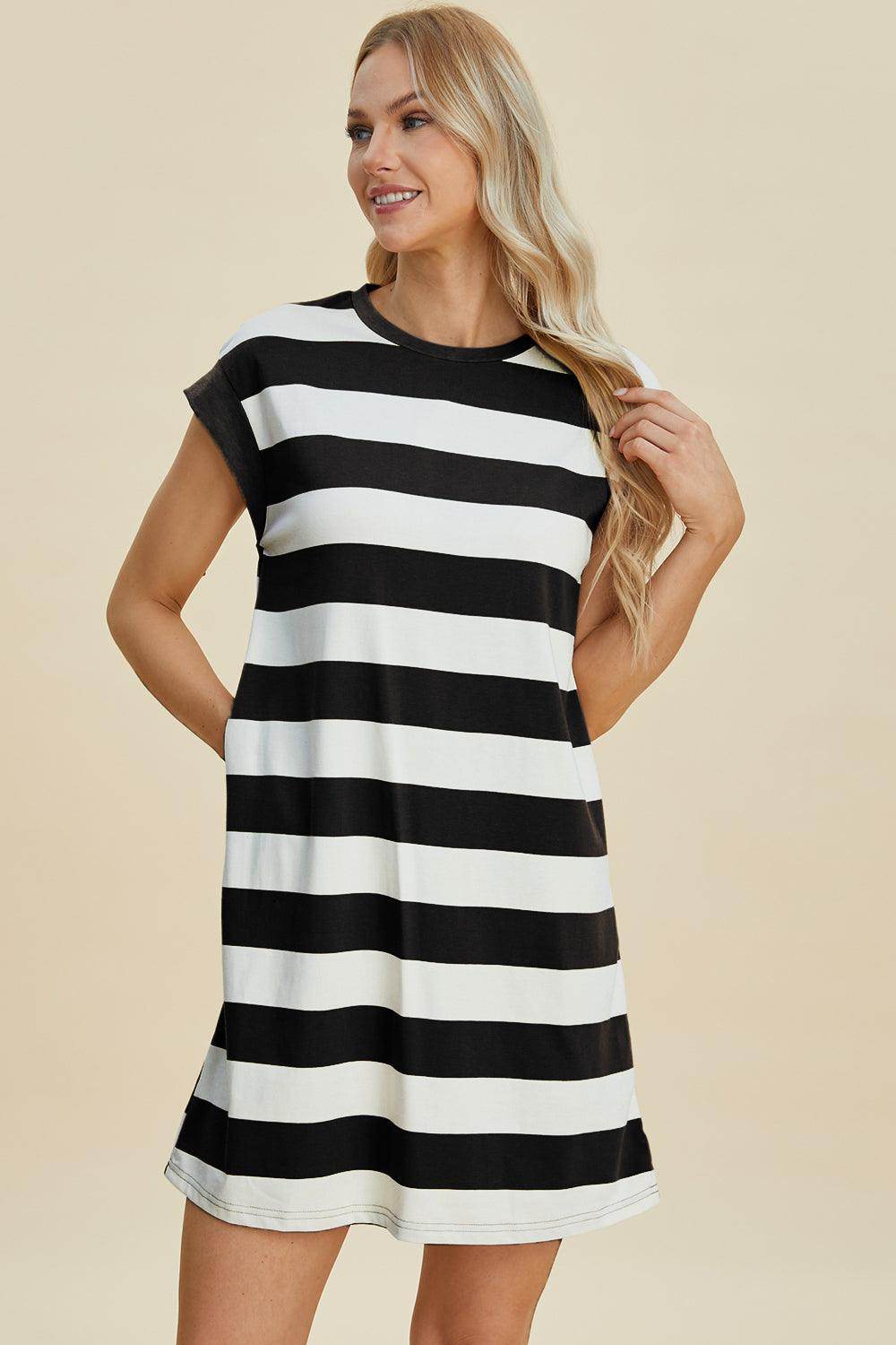 Basic Bae Full Size Striped Round Neck Cap Sleeve Mini Dress - Selvanelle