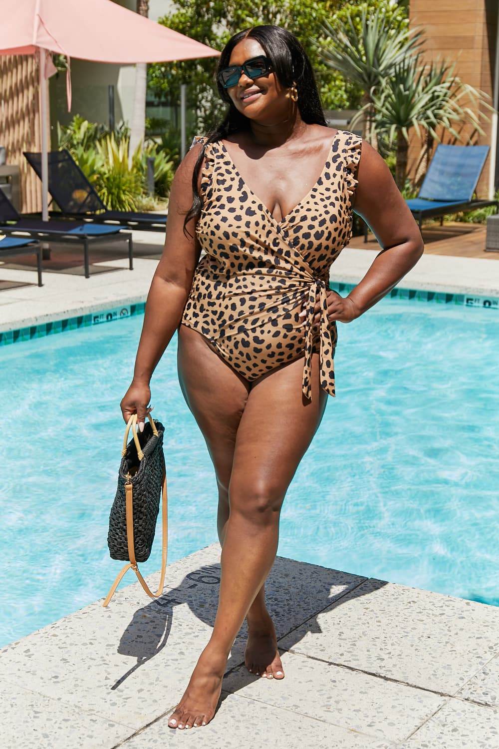 Marina West Swim Full Size Float On Ruffle Faux Wrap One-Piece in Leopard - Selvanelle