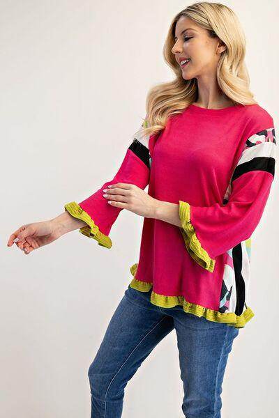 Celeste Full Size Ruffle Sleeve Color Block Top Plus Size - Selvanelle