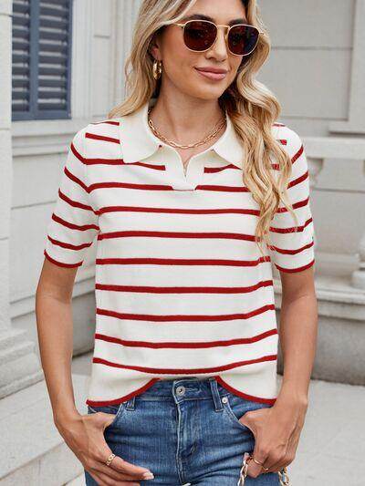 Striped Johnny Collar Short Sleeve Sweater for Women - Selvanelle